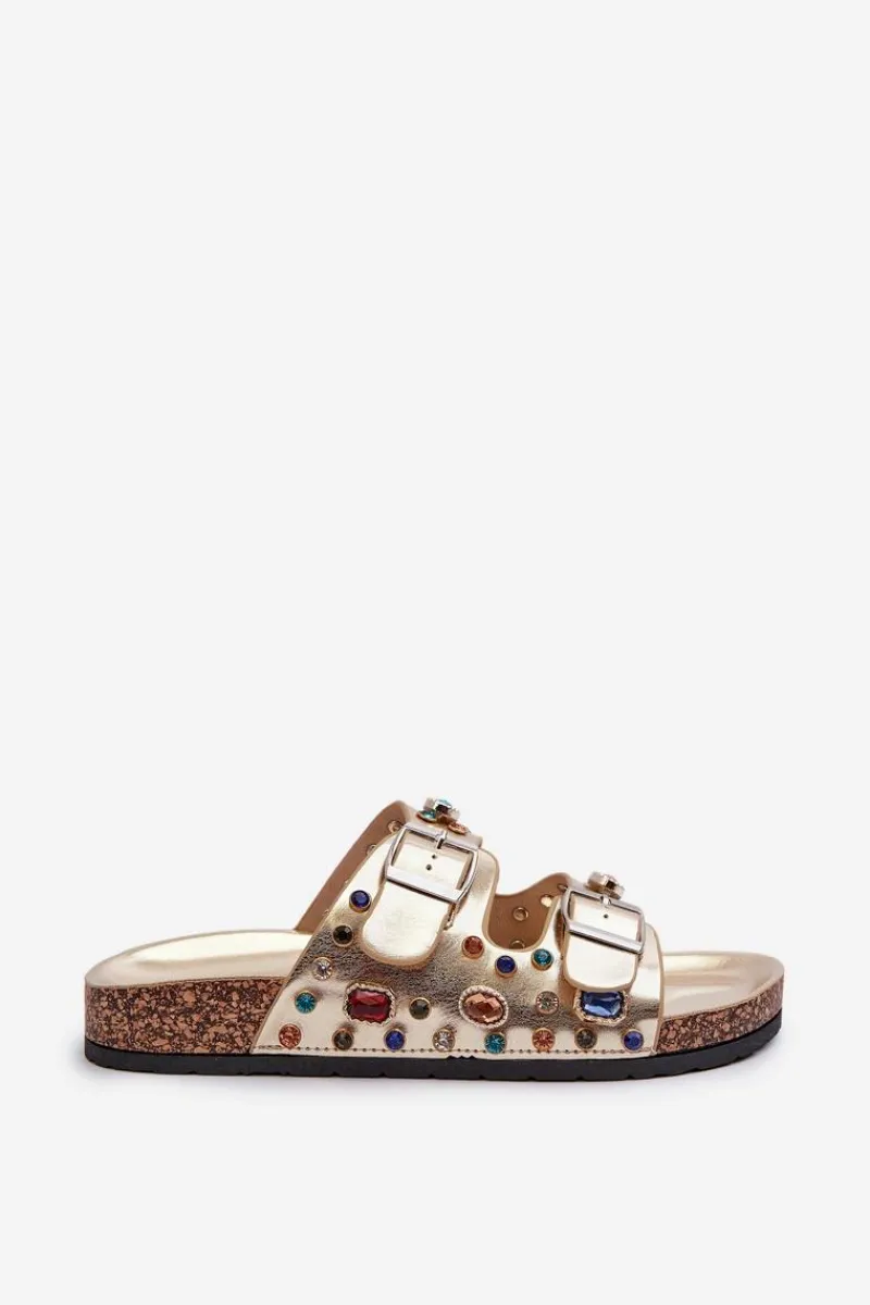 Hot Zdobione Klapki Damskie Z Klamrami S.Barski MY121 Złote Damskie Klapki Korkowe|Klapki Na Platformie