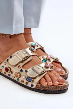 Hot Zdobione Klapki Damskie Z Klamrami S.Barski MY121 Złote Damskie Klapki Korkowe|Klapki Na Platformie