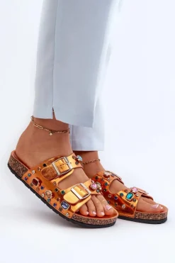 Discount Zdobione Klapki Damskie Z Klamrami S.Barski MY121 Pomarańczowe Damskie Klapki Korkowe|Klapki Na Platformie