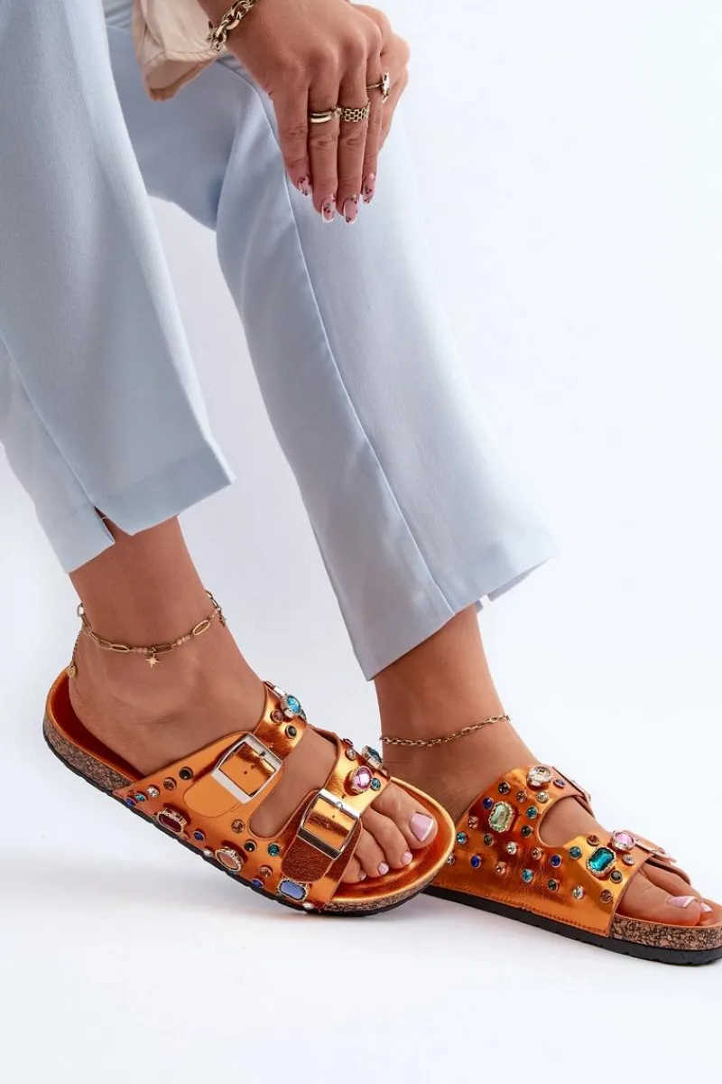 Discount Zdobione Klapki Damskie Z Klamrami S.Barski MY121 Pomarańczowe Damskie Klapki Korkowe|Klapki Na Platformie