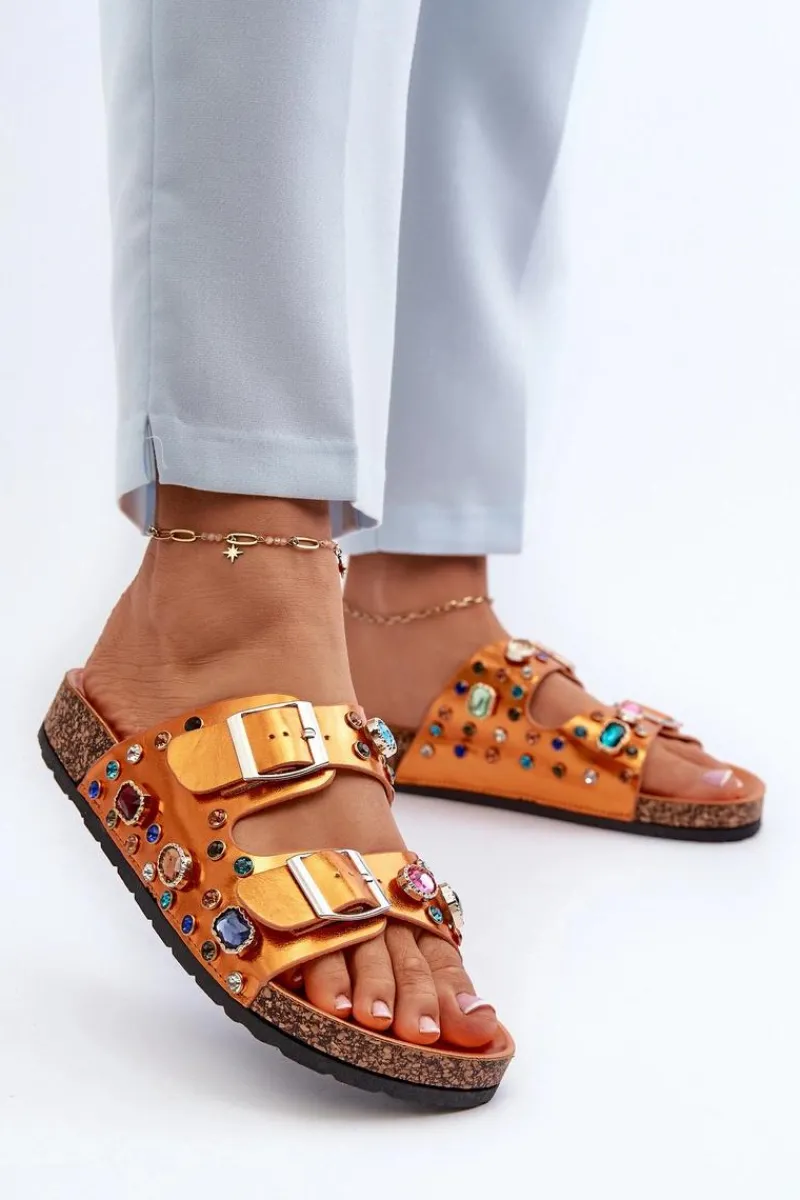 Discount Zdobione Klapki Damskie Z Klamrami S.Barski MY121 Pomarańczowe Damskie Klapki Korkowe|Klapki Na Platformie