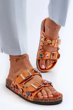 Discount Zdobione Klapki Damskie Z Klamrami S.Barski MY121 Pomarańczowe Damskie Klapki Korkowe|Klapki Na Platformie