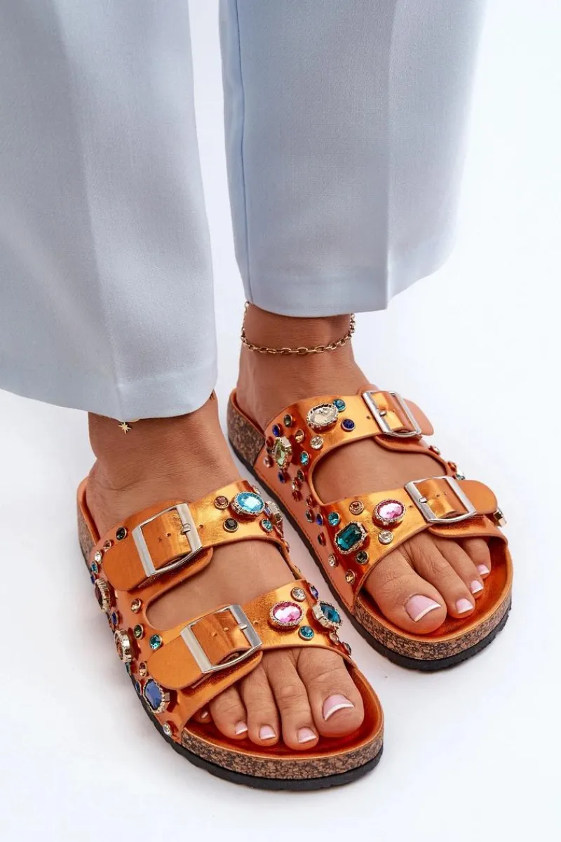 Discount Zdobione Klapki Damskie Z Klamrami S.Barski MY121 Pomarańczowe Damskie Klapki Korkowe|Klapki Na Platformie