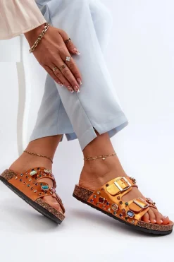 Discount Zdobione Klapki Damskie Z Klamrami S.Barski MY121 Pomarańczowe Damskie Klapki Korkowe|Klapki Na Platformie