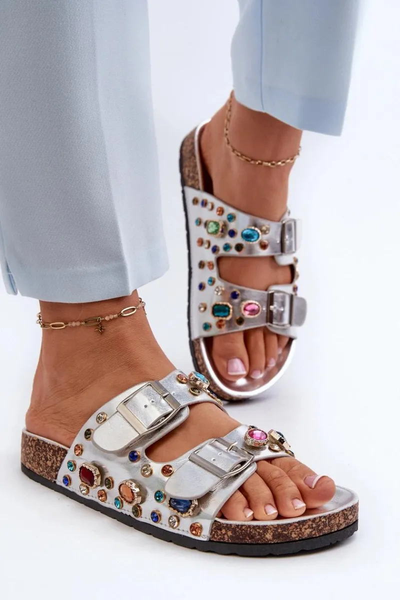 Best Damskie buty S.Barski Zdobione Klapki Damskie Z Klamrami S.Barski MY121 Srebrne Srebrny