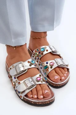 Best Damskie buty S.Barski Zdobione Klapki Damskie Z Klamrami S.Barski MY121 Srebrne Srebrny