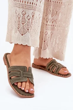 Boto Zdobione Klapki Na Płaskim Obcasie Zielone Anniles Zielony