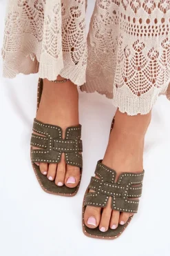 Boto Zdobione Klapki Na Płaskim Obcasie Zielone Anniles Zielony