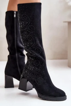 Hot Damskie buty S.Barski Zdobione Kozaki Damskie Przed Kolano Ocieplane Na Słupku MR880-158 Czarne