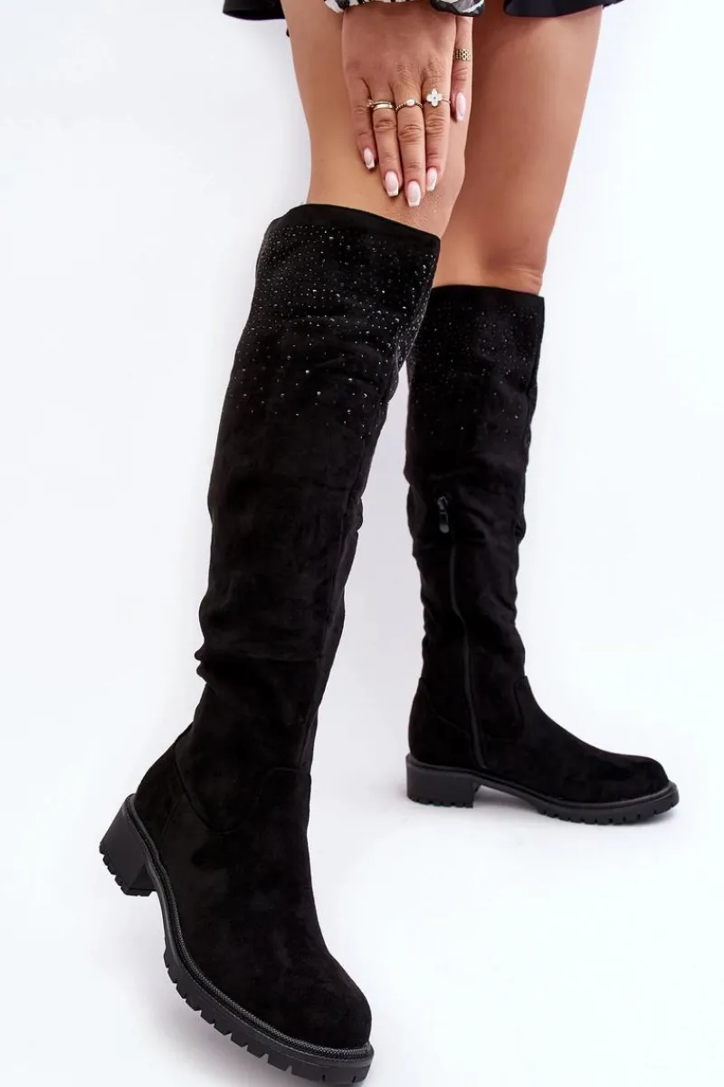 Kozaki Płaskie|Kozaki Przed Kolano>Boto Zdobione Kozaki Damskie Za Kolano Na Płaskim Obcasie Czarne Cintya