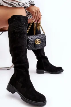 Kozaki Płaskie|Kozaki Przed Kolano>Boto Zdobione Kozaki Damskie Za Kolano Na Płaskim Obcasie Czarne Cintya