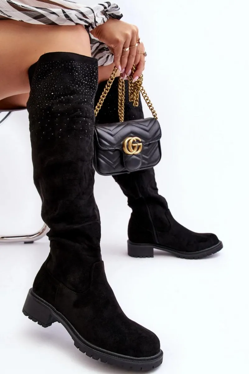 Kozaki Płaskie|Kozaki Przed Kolano>Boto Zdobione Kozaki Damskie Za Kolano Na Płaskim Obcasie Czarne Cintya