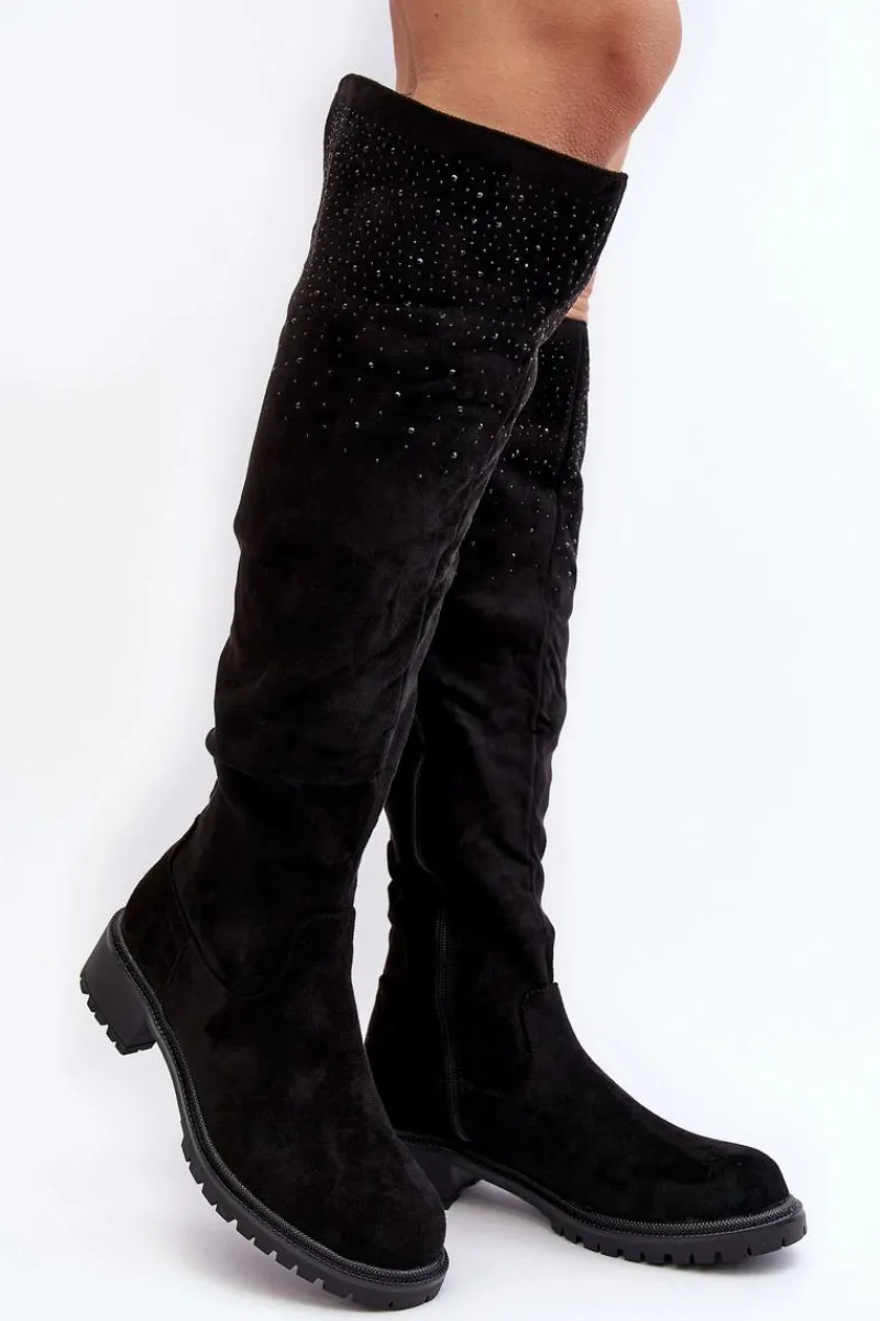 Kozaki Płaskie|Kozaki Przed Kolano>Boto Zdobione Kozaki Damskie Za Kolano Na Płaskim Obcasie Czarne Cintya