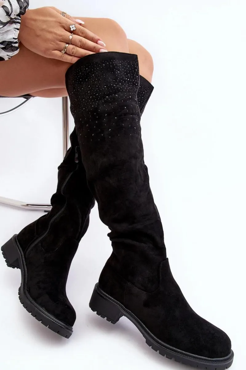 Kozaki Płaskie|Kozaki Przed Kolano>Boto Zdobione Kozaki Damskie Za Kolano Na Płaskim Obcasie Czarne Cintya