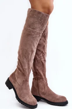 Clearance Zdobione Kozaki Damskie Za Kolano Na Płaskim Obcasie Beżowe Cintya Damskie Kozaki Płaskie|Kozaki Zamszowe