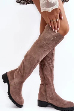 Clearance Zdobione Kozaki Damskie Za Kolano Na Płaskim Obcasie Beżowe Cintya Damskie Kozaki Płaskie|Kozaki Zamszowe