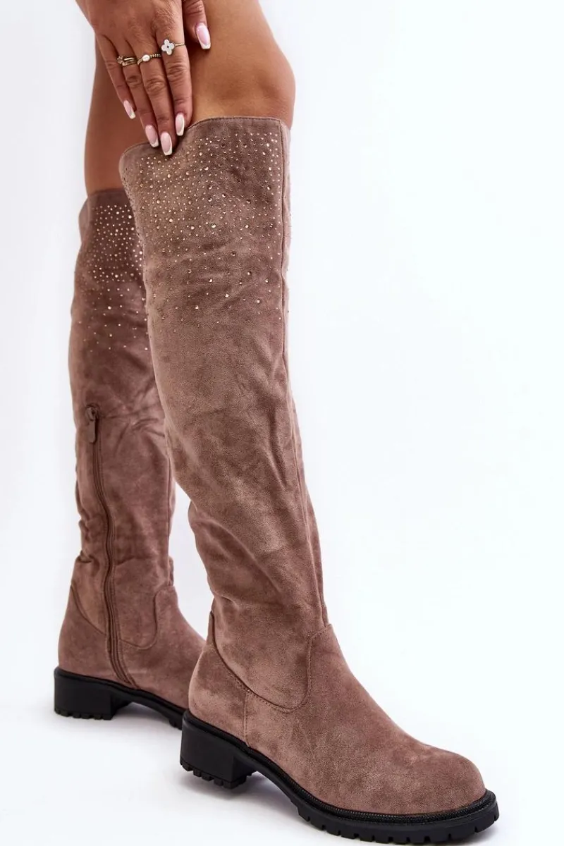 Clearance Zdobione Kozaki Damskie Za Kolano Na Płaskim Obcasie Beżowe Cintya Damskie Kozaki Płaskie|Kozaki Zamszowe