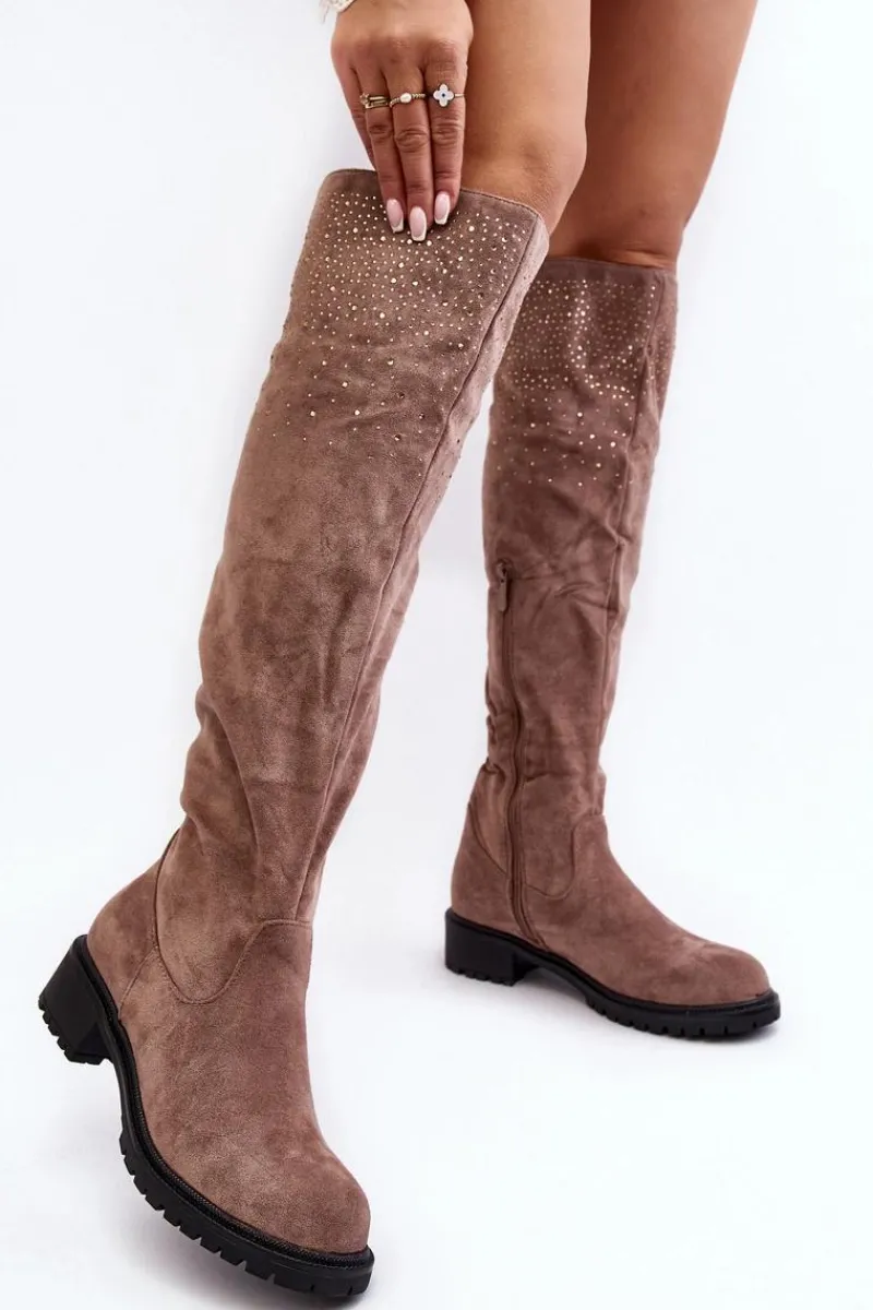 Clearance Zdobione Kozaki Damskie Za Kolano Na Płaskim Obcasie Beżowe Cintya Damskie Kozaki Płaskie|Kozaki Zamszowe