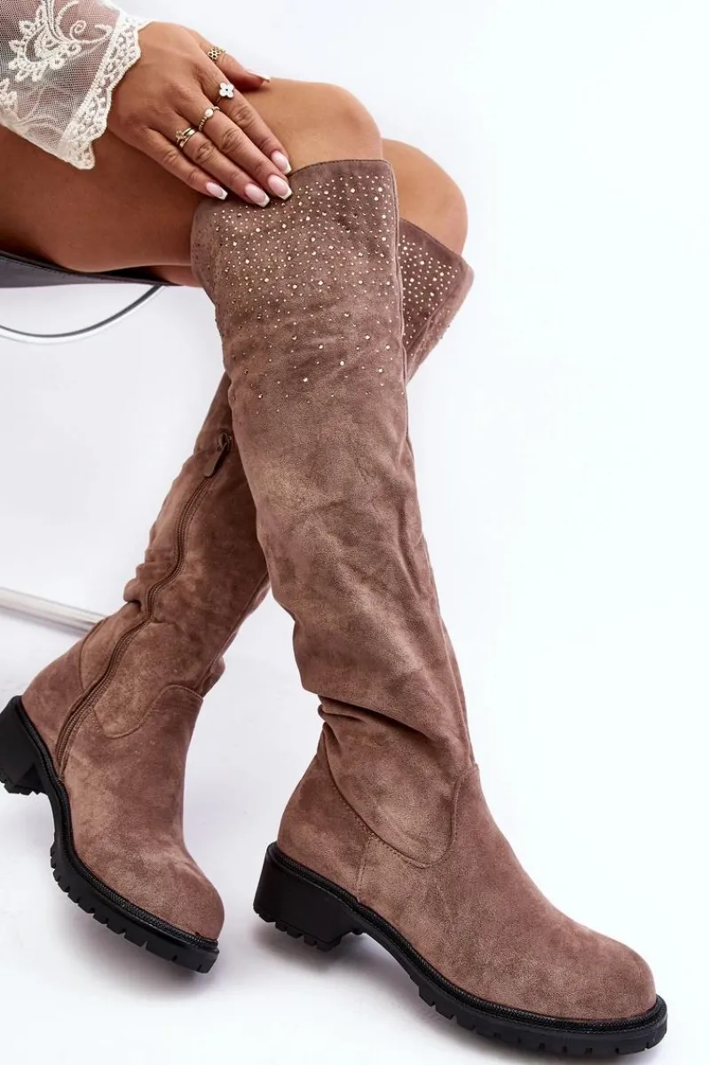 Clearance Zdobione Kozaki Damskie Za Kolano Na Płaskim Obcasie Beżowe Cintya Damskie Kozaki Płaskie|Kozaki Zamszowe