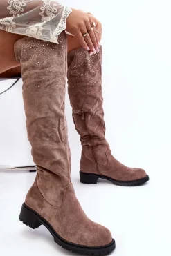 Clearance Zdobione Kozaki Damskie Za Kolano Na Płaskim Obcasie Beżowe Cintya Damskie Kozaki Płaskie|Kozaki Zamszowe