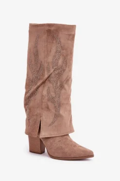 Kozaki Na Słupku|Kozaki Z Wywiniętą Cholewką></noscript>Boto Zdobione Kozaki Z Wywiniętą Cholewką Na Słupku Ciemnobeżowe Ivilta Beżowy