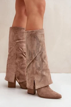 Kozaki Na Słupku|Kozaki Z Wywiniętą Cholewką></noscript>Boto Zdobione Kozaki Z Wywiniętą Cholewką Na Słupku Ciemnobeżowe Ivilta Beżowy