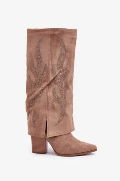Kozaki Na Słupku|Kozaki Z Wywiniętą Cholewką></noscript>Boto Zdobione Kozaki Z Wywiniętą Cholewką Na Słupku Ciemnobeżowe Ivilta Beżowy