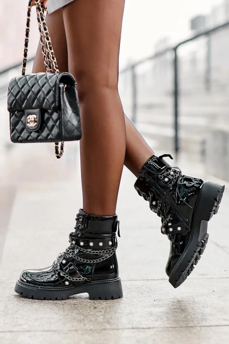 Outlet Boto Zdobione Lakierowane Damskie Botki Workery Czarne Sibenna