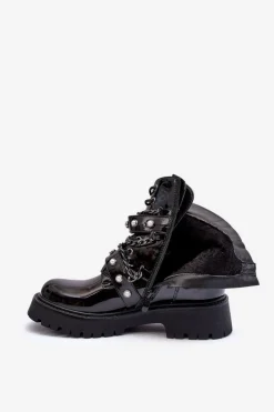 Outlet Boto Zdobione Lakierowane Damskie Botki Workery Czarne Sibenna