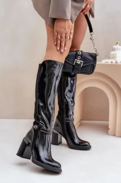 Kozaki Przed Kolano|Kozaki Na Obcasie>Damskie buty S.Barski Zdobione Lakierowane Kozaki Damskie Na Słupku D&A MR880-055 Czarne