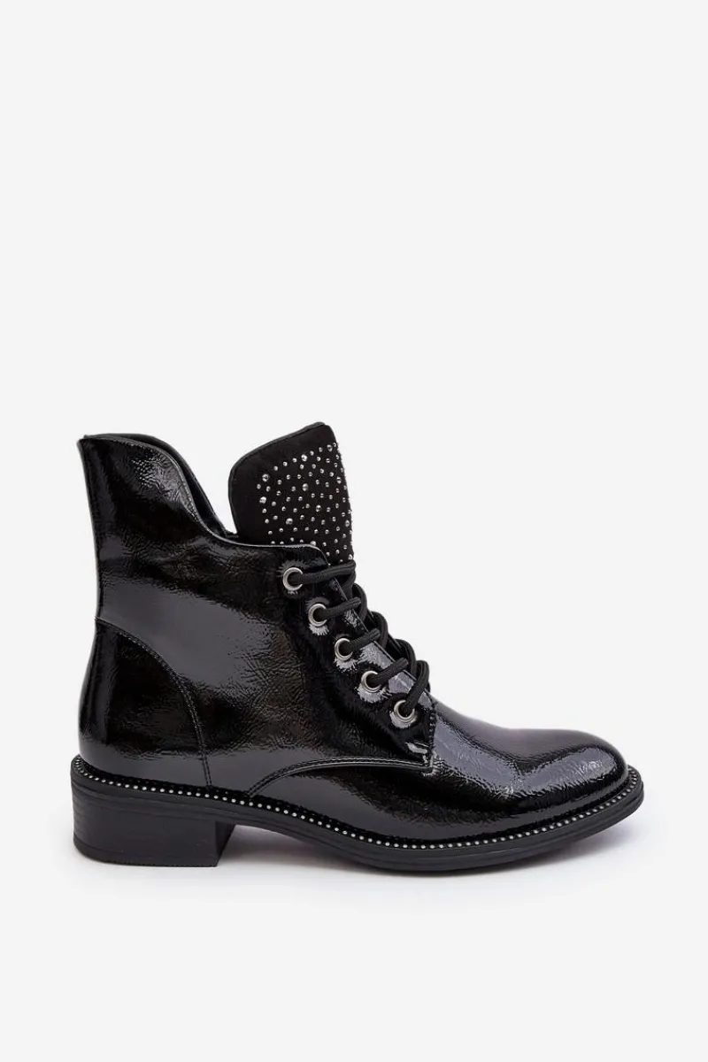 Best Boto Zdobione Lakierowane Niskie Botki Damskie Czarne Hattia