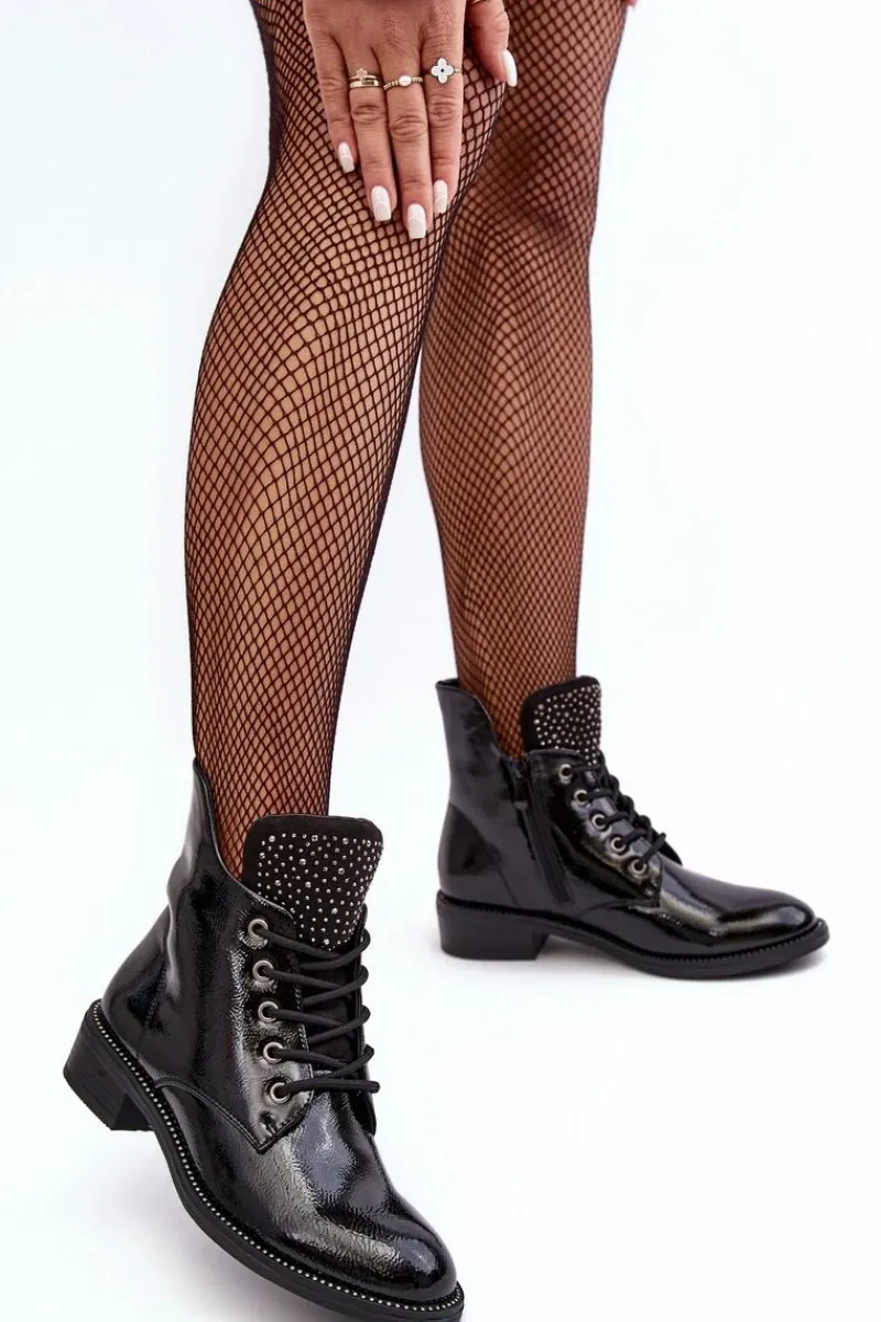 Best Boto Zdobione Lakierowane Niskie Botki Damskie Czarne Hattia