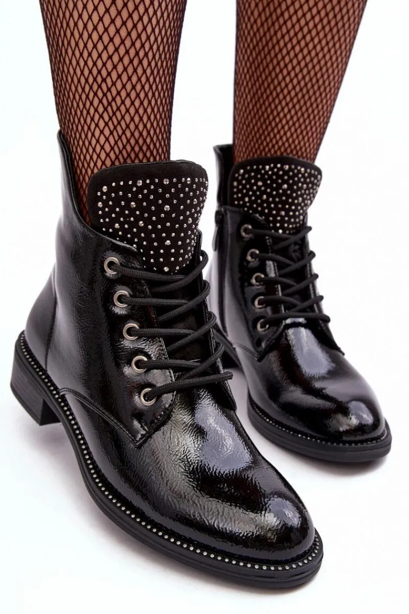 Best Boto Zdobione Lakierowane Niskie Botki Damskie Czarne Hattia