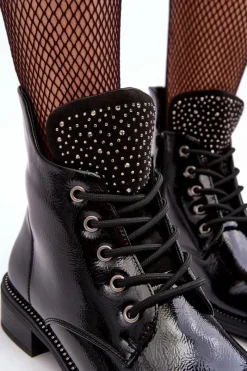 Best Boto Zdobione Lakierowane Niskie Botki Damskie Czarne Hattia