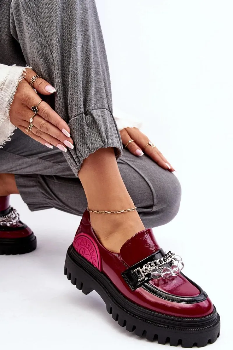 Outlet Zdobione Masywne Skórzane Półbuty Damskie 06294-15 Fuksja Damskie Półbuty Skórzane|Mokasyny Damskie Skórzane