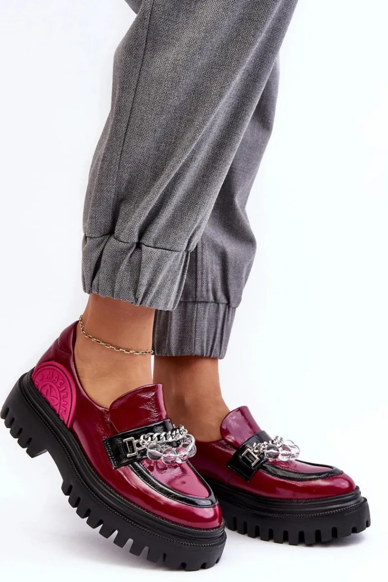 Outlet Zdobione Masywne Skórzane Półbuty Damskie 06294-15 Fuksja Damskie Półbuty Skórzane|Mokasyny Damskie Skórzane