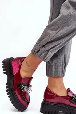 Outlet Zdobione Masywne Skórzane Półbuty Damskie 06294-15 Fuksja Damskie Półbuty Skórzane|Mokasyny Damskie Skórzane