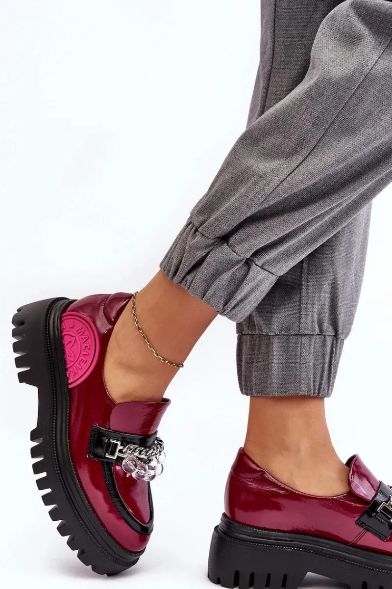 Outlet Zdobione Masywne Skórzane Półbuty Damskie 06294-15 Fuksja Damskie Półbuty Skórzane|Mokasyny Damskie Skórzane