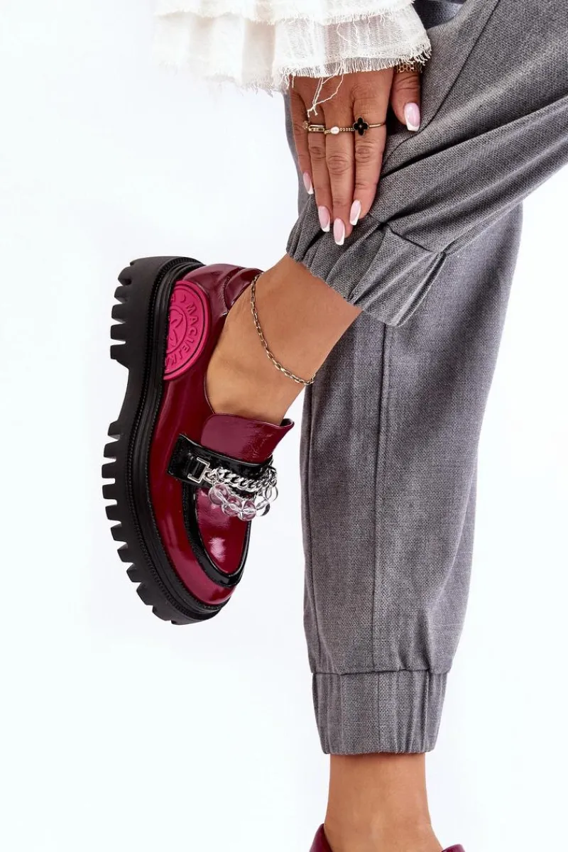 Outlet Zdobione Masywne Skórzane Półbuty Damskie 06294-15 Fuksja Damskie Półbuty Skórzane|Mokasyny Damskie Skórzane