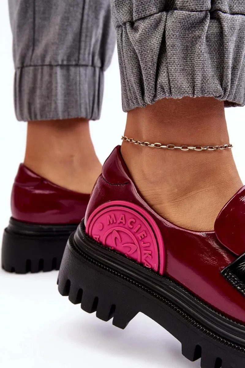 Outlet Zdobione Masywne Skórzane Półbuty Damskie 06294-15 Fuksja Damskie Półbuty Skórzane|Mokasyny Damskie Skórzane