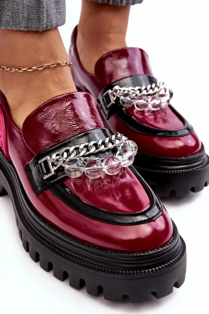 Outlet Zdobione Masywne Skórzane Półbuty Damskie 06294-15 Fuksja Damskie Półbuty Skórzane|Mokasyny Damskie Skórzane