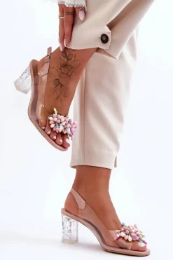 Outlet Zdobione Modne Sandały Na Słupku Różowe S.Barski MR1037-23 Damskie Sandały Na Obcasie