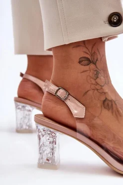 Outlet Zdobione Modne Sandały Na Słupku Różowe S.Barski MR1037-23 Damskie Sandały Na Obcasie