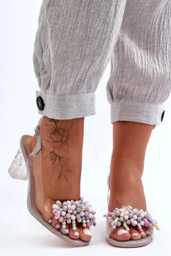 Sale Damskie buty S.Barski Zdobione Modne Sandały Na Słupku Szare S.Barski MR1037-23