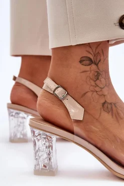 Hot Damskie buty S.Barski Zdobione Modne Sandały Na Słupku Beżowe S.Barski MR1037-23