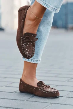 Discount Boto Zdobione Mokasyny Damskie Z Eko Zamszu Brązowe Prissine