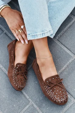 Discount Boto Zdobione Mokasyny Damskie Z Eko Zamszu Brązowe Prissine