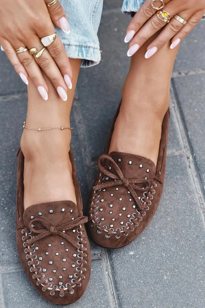 Discount Boto Zdobione Mokasyny Damskie Z Eko Zamszu Brązowe Prissine