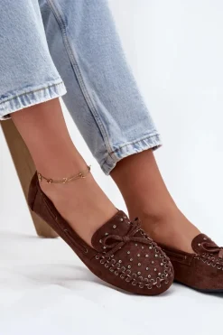 Discount Boto Zdobione Mokasyny Damskie Z Eko Zamszu Brązowe Prissine