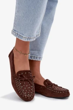 Discount Boto Zdobione Mokasyny Damskie Z Eko Zamszu Brązowe Prissine